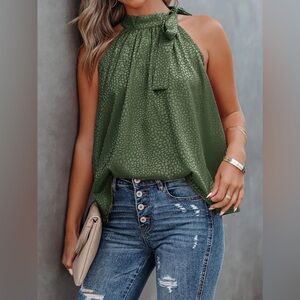 (B5) SHEIN Chic Green Leopard Print Halter Sleeveless Satin Blouse Top XL 12